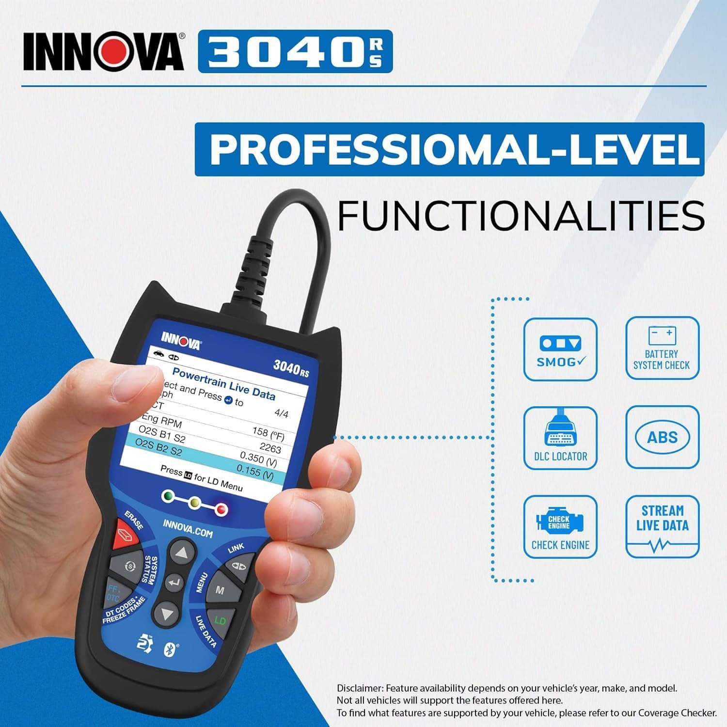 3040RS, OBD2 Scanner, Live Data Streamer, Battery/Alt Tester, Reset Check Engine Light/Brake Light/Oil Light, Free Mechanic Recommended Fix & Parts & Est Repair Cost, Free Updates