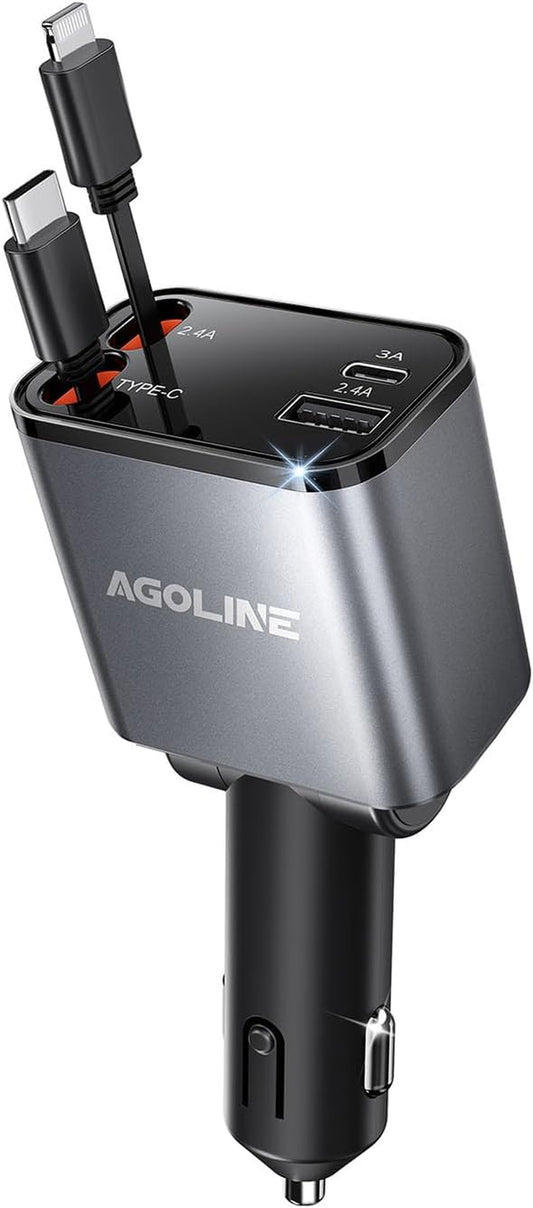 4 in 1 Retractable Car Charger,Smaller Super Fast Charger with Retractable Cords, Car Charger Fast Charging,Usb C Charger Adpater Compatible with Iphone 16 15 14 13 Pro Max,Galaxy,Pixel