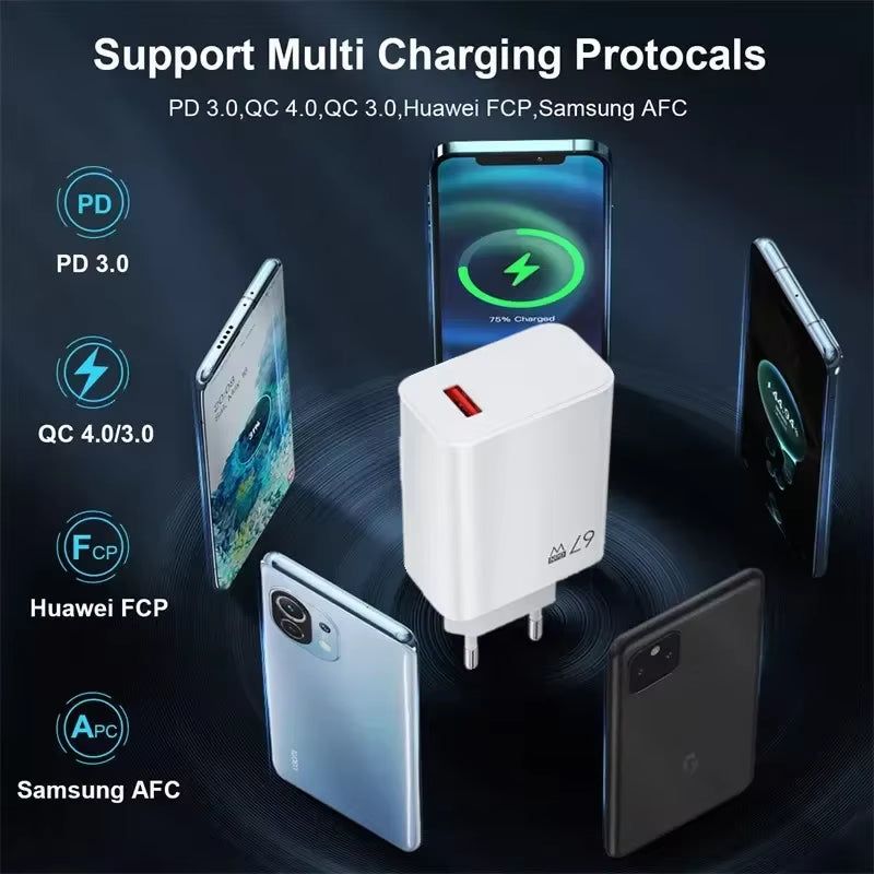 Gan USB Fast Charger Quick Charge 3.0 for Xiaomi 14 13 12 11 10 Ultra Redmi Note 12T 13 Pro Turbo 6A USB Type C Charging Cable
