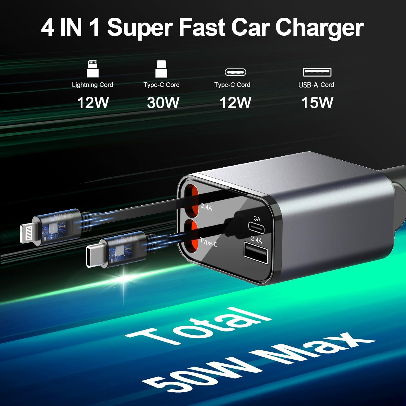 4 in 1 Retractable Car Charger,Smaller Super Fast Charger with Retractable Cords, Car Charger Fast Charging,Usb C Charger Adpater Compatible with Iphone 16 15 14 13 Pro Max,Galaxy,Pixel
