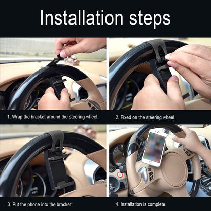 Car Phone Holder - Adjustable Car Cradle, Steering Wheel Phone Mount, Universal Mobile Phone Mount, Hands Free Automobile Cell Phone Holder for Most Steering Wheels (Black)